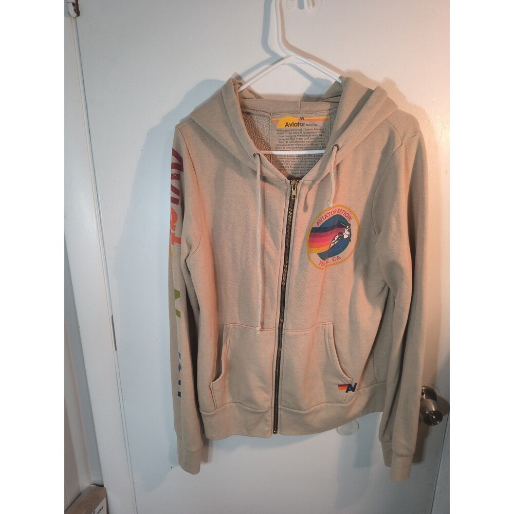 Aviator Nation Venice CA Rainbow Patch Zip Up Hoodie Tan Beige Medium M...